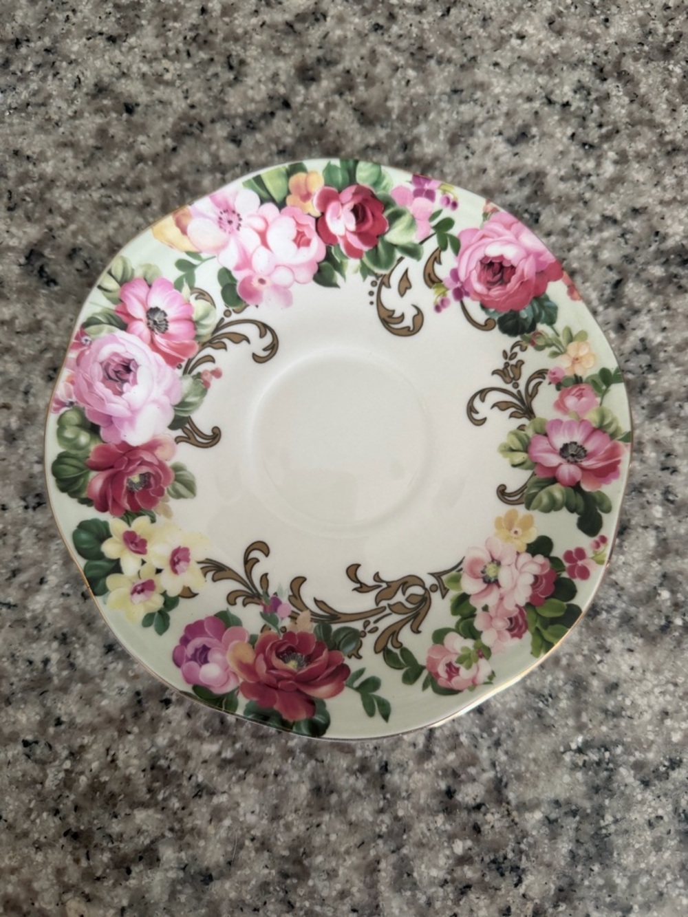 Floral Pink Porcelain Saucer with Gold Scroll Accents